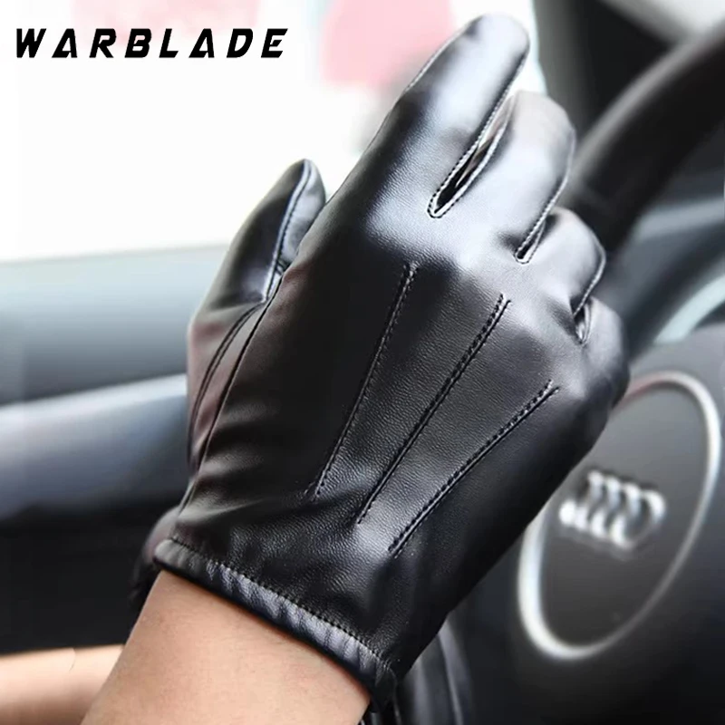 Fashion Men Women Winter PU Leather Gloves Luxurious Cashmere Warm Driving Gloves Black Touch Screen Waterproof Gloves Mittens