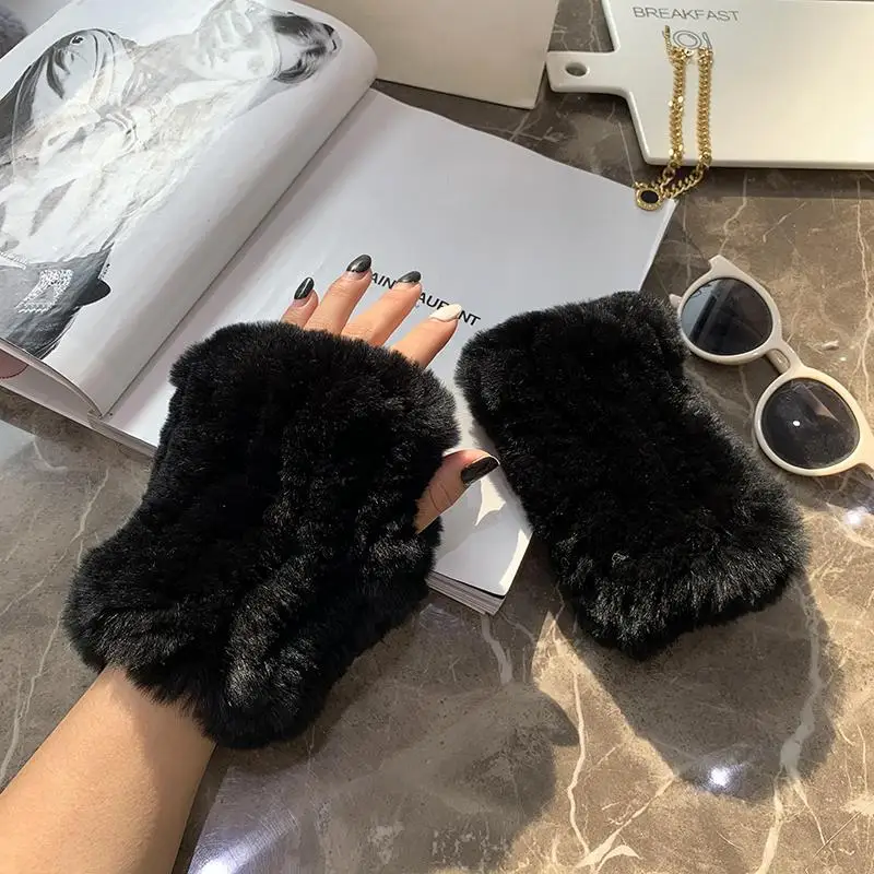 New Arrival Female Natural Rabbit Fur Gloves Knitted Warm Real Rex Rabbit Fur Mittens Women Winter Outdoor Rex Rabbit Fur Gloves