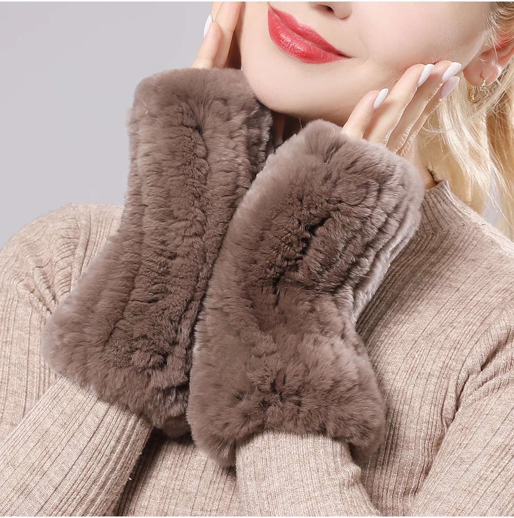 New Arrival Female Natural Rabbit Fur Gloves Knitted Warm Real Rex Rabbit Fur Mittens Women Winter Outdoor Rex Rabbit Fur Gloves
