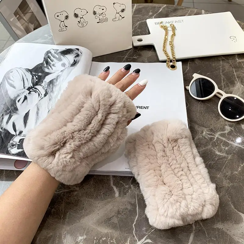 New Arrival Female Natural Rabbit Fur Gloves Knitted Warm Real Rex Rabbit Fur Mittens Women Winter Outdoor Rex Rabbit Fur Gloves