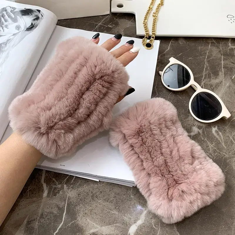 New Arrival Female Natural Rabbit Fur Gloves Knitted Warm Real Rex Rabbit Fur Mittens Women Winter Outdoor Rex Rabbit Fur Gloves