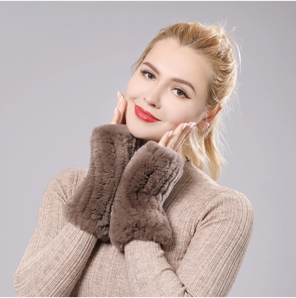 New Arrival Female Natural Rabbit Fur Gloves Knitted Warm Real Rex Rabbit Fur Mittens Women Winter Outdoor Rex Rabbit Fur Gloves