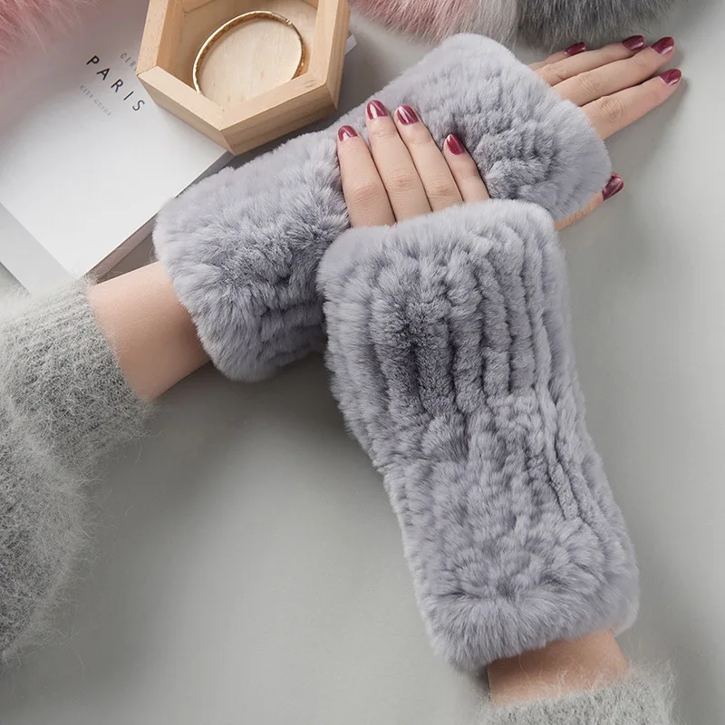 New Arrival Female Natural Rabbit Fur Gloves Knitted Warm Real Rex Rabbit Fur Mittens Women Winter Outdoor Rex Rabbit Fur Gloves