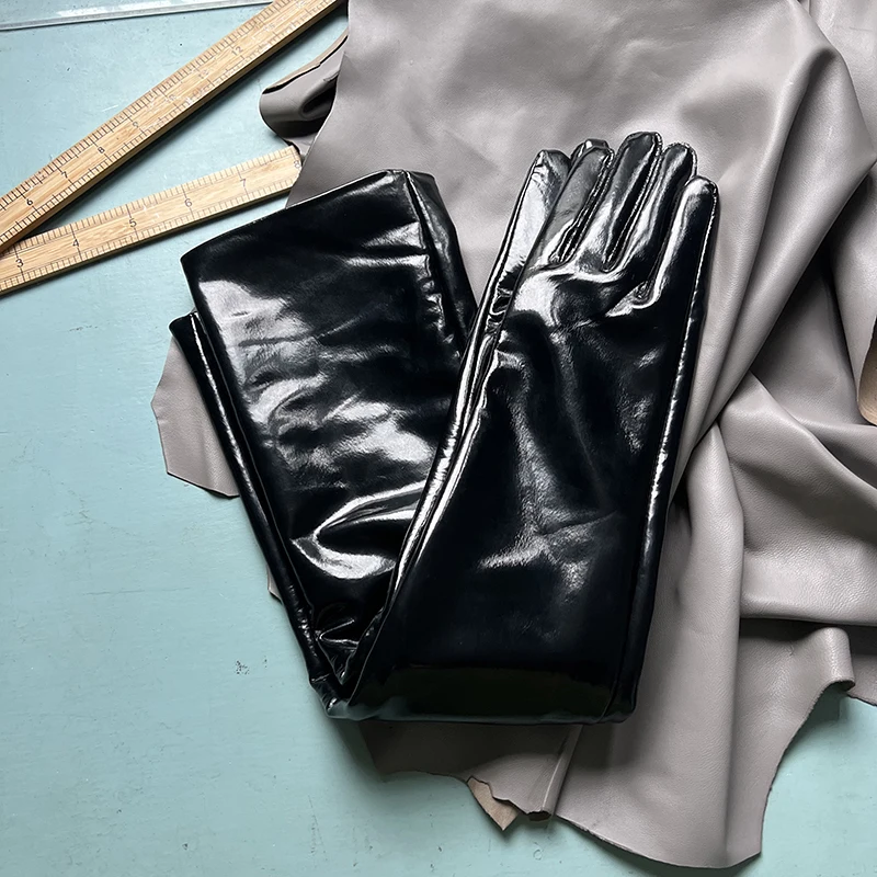 Genuine Patent Leather Gloves Women's Long Gloves Men's Sexy Ladies Shiny Party Evening Overlength Opera Shine Leather Customize