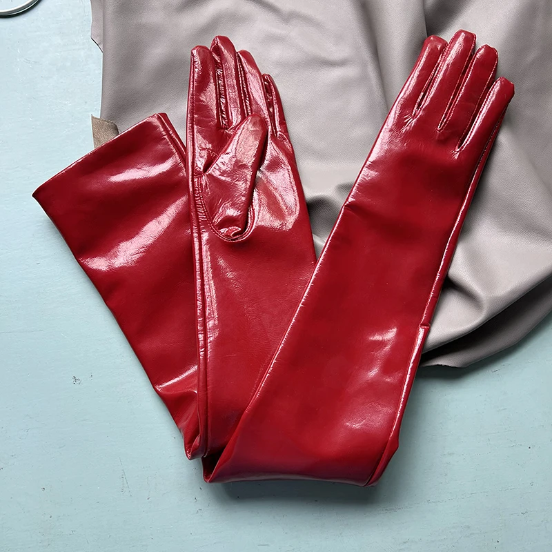 Genuine Patent Leather Gloves Women's Long Gloves Men's Sexy Ladies Shiny Party Evening Overlength Opera Shine Leather Customize