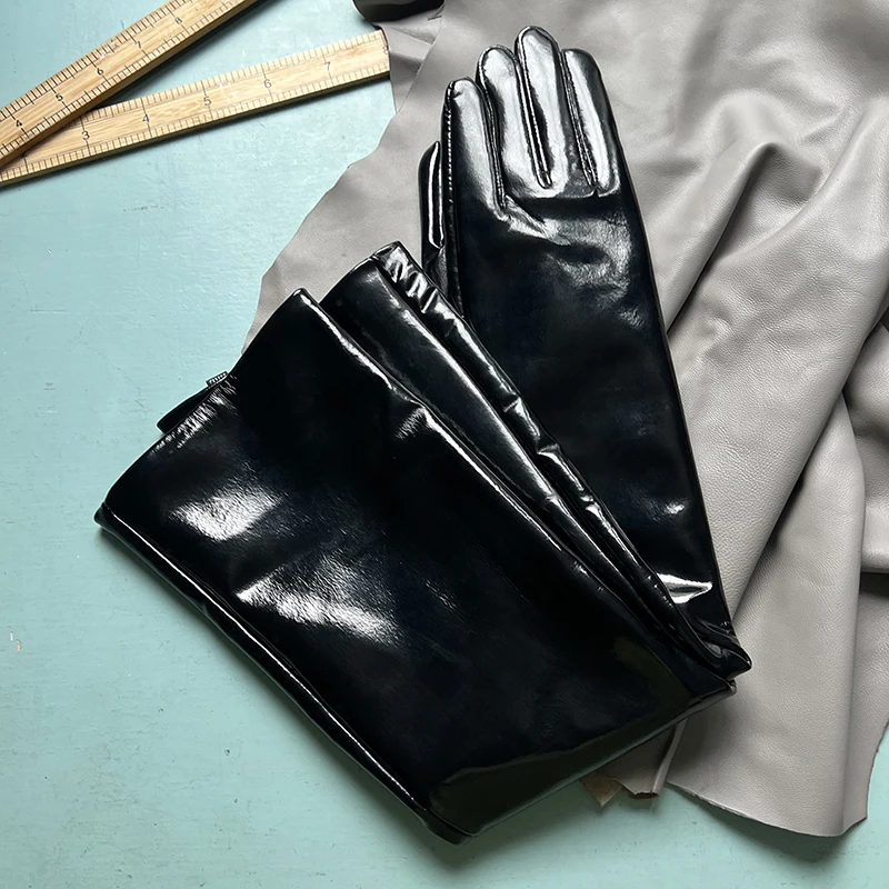 Genuine Patent Leather Gloves Women's Long Gloves Men's Sexy Ladies Shiny Party Evening Overlength Opera Shine Leather Customize