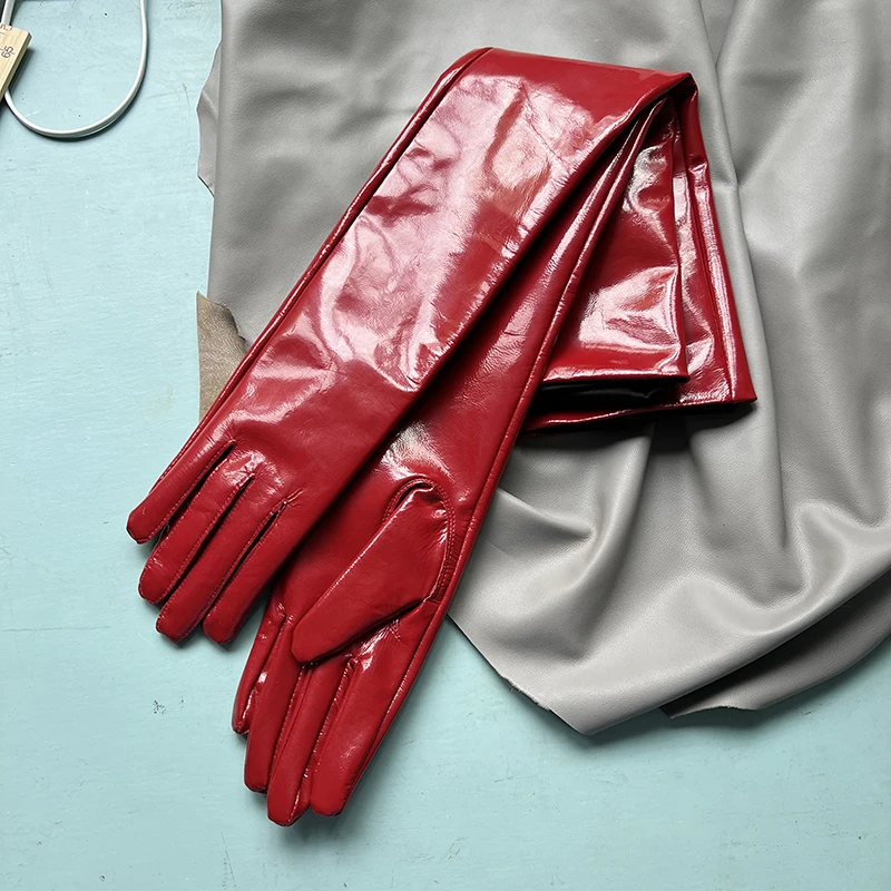 Genuine Patent Leather Gloves Women's Long Gloves Men's Sexy Ladies Shiny Party Evening Overlength Opera Shine Leather Customize