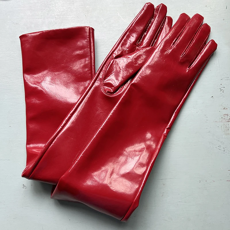 Genuine Patent Leather Gloves Women's Long Gloves Men's Sexy Ladies Shiny Party Evening Overlength Opera Shine Leather Customize