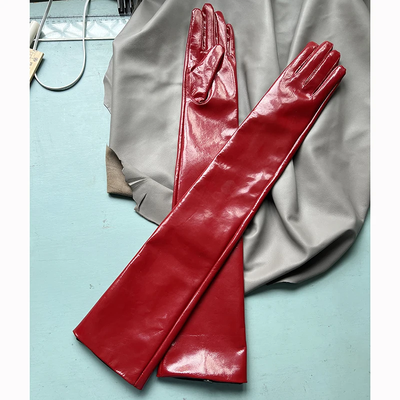Genuine Patent Leather Gloves Women's Long Gloves Men's Sexy Ladies Shiny Party Evening Overlength Opera Shine Leather Customize