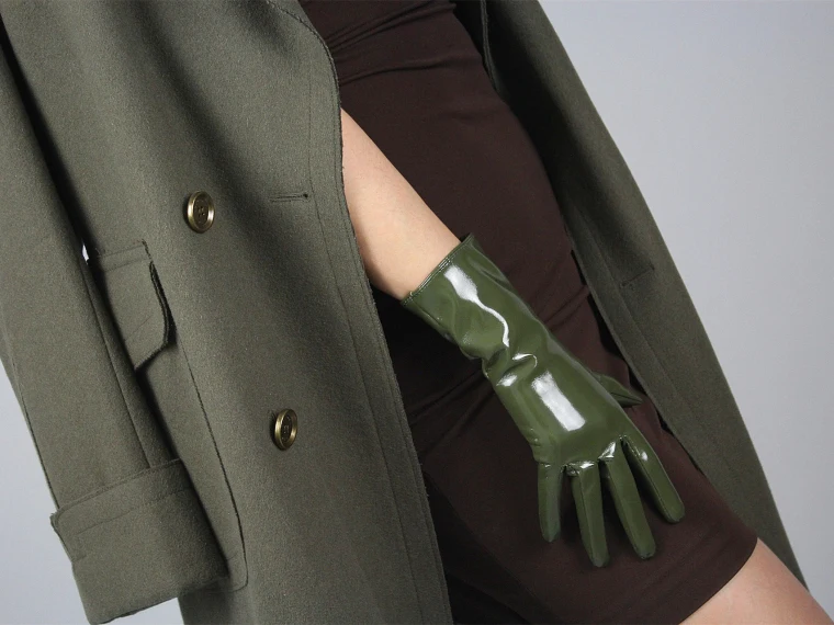 LATEX LONG GLOVES Shine Leather Faux Patent PU 28" 70cm Opera Olive Army Green LLDLLNT