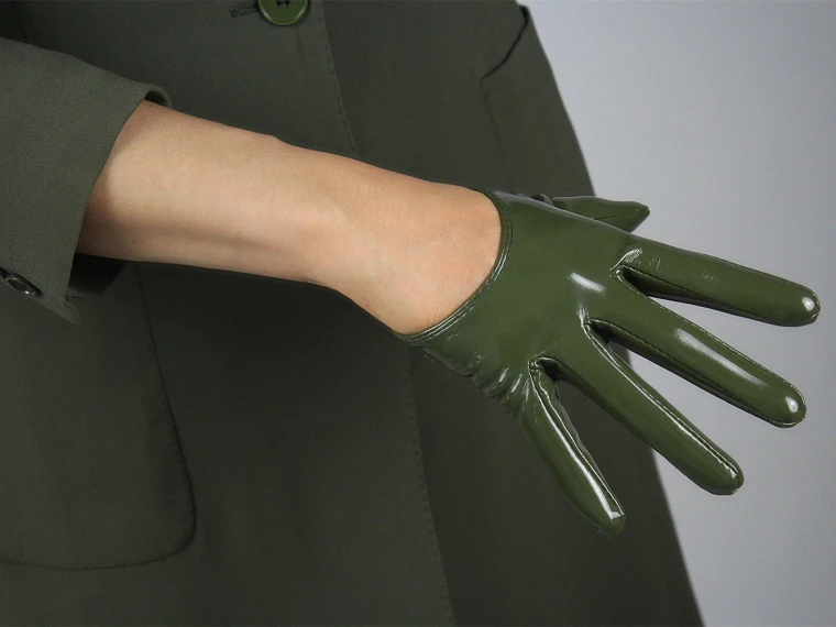 LATEX LONG GLOVES Shine Leather Faux Patent PU 28" 70cm Opera Olive Army Green LLDLLNT