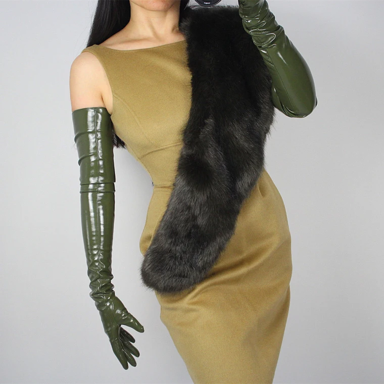 LATEX LONG GLOVES Shine Leather Faux Patent PU 28" 70cm Opera Olive Army Green LLDLLNT
