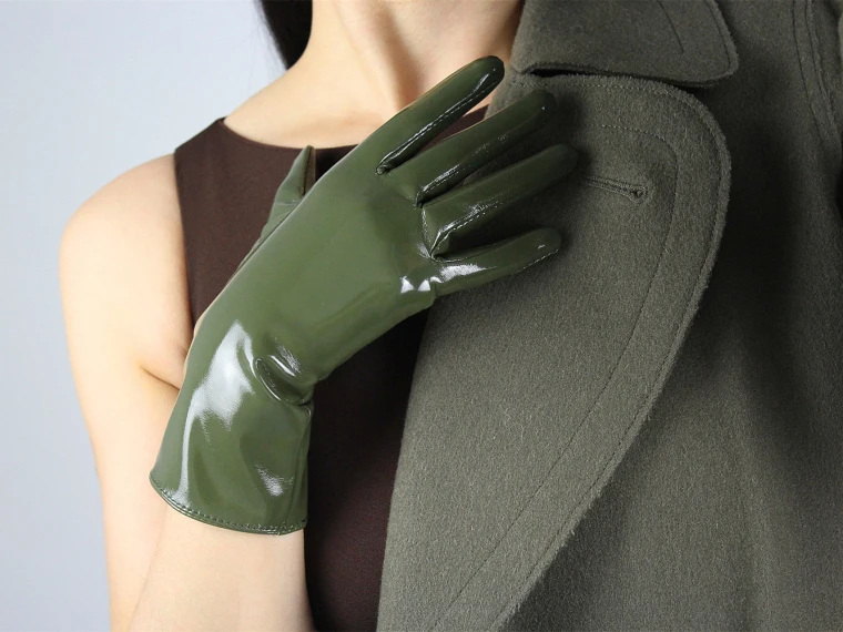 LATEX LONG GLOVES Shine Leather Faux Patent PU 28" 70cm Opera Olive Army Green LLDLLNT