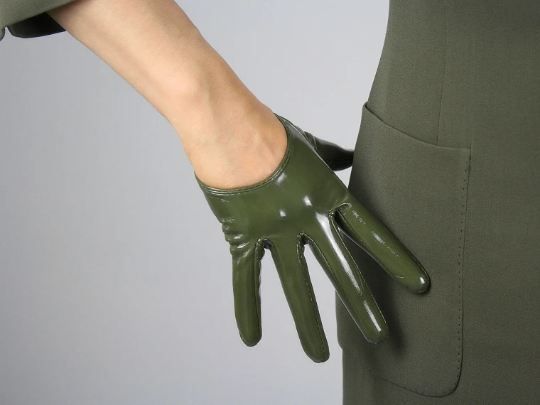 LATEX LONG GLOVES Shine Leather Faux Patent PU 28" 70cm Opera Olive Army Green LLDLLNT