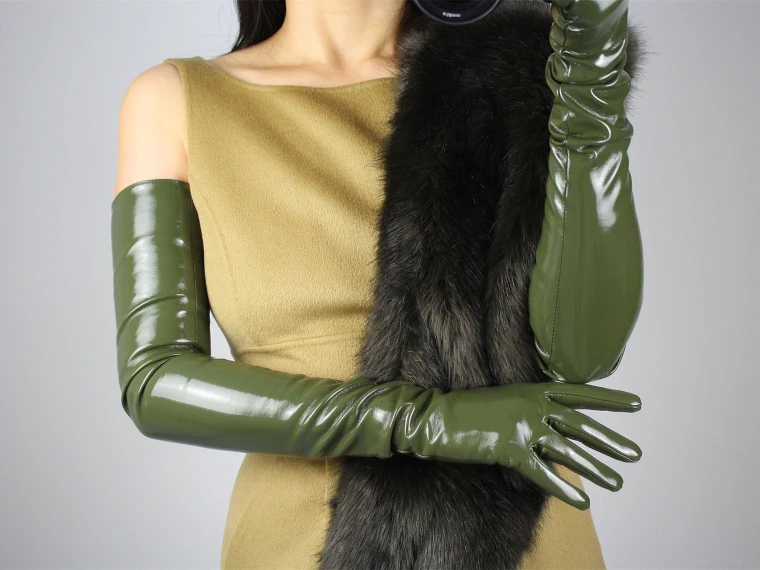 LATEX LONG GLOVES Shine Leather Faux Patent PU 28" 70cm Opera Olive Army Green LLDLLNT