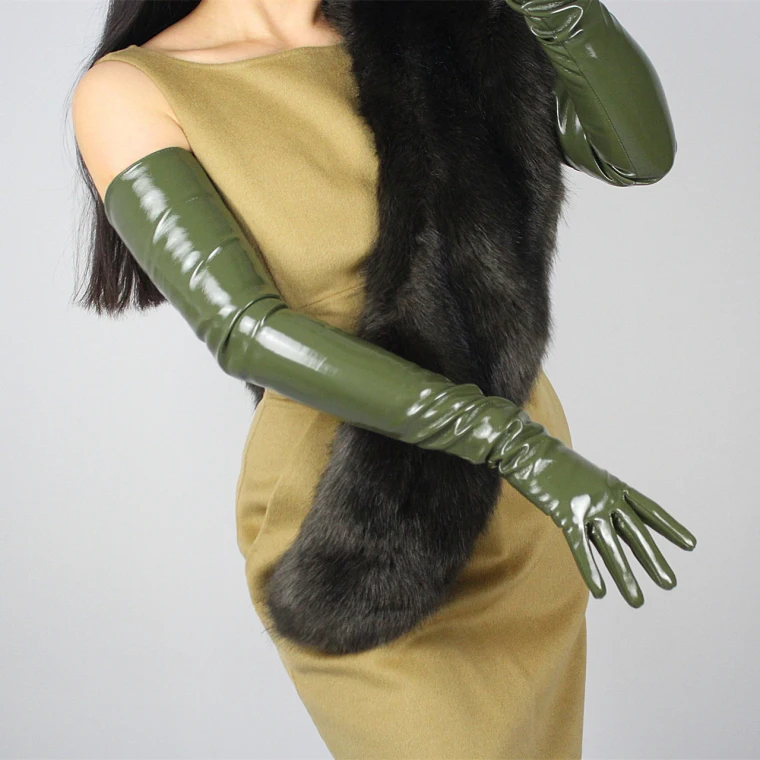 LATEX LONG GLOVES Shine Leather Faux Patent PU 28" 70cm Opera Olive Army Green LLDLLNT