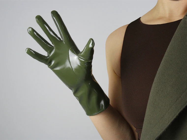 LATEX LONG GLOVES Shine Leather Faux Patent PU 28" 70cm Opera Olive Army Green LLDLLNT