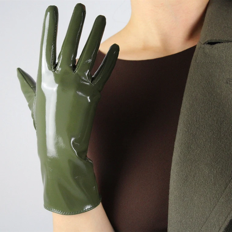 LATEX LONG GLOVES Shine Leather Faux Patent PU 28" 70cm Opera Olive Army Green LLDLLNT