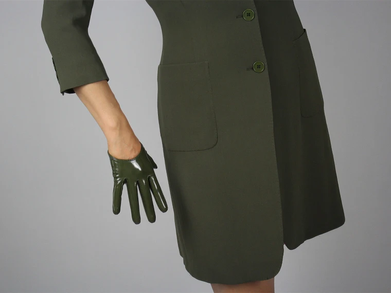 LATEX LONG GLOVES Shine Leather Faux Patent PU 28" 70cm Opera Olive Army Green LLDLLNT