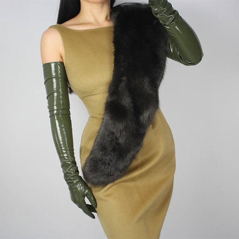 LATEX LONG GLOVES Shine Leather Faux Patent PU 28" 70cm Opera Olive Army Green LLDLLNT