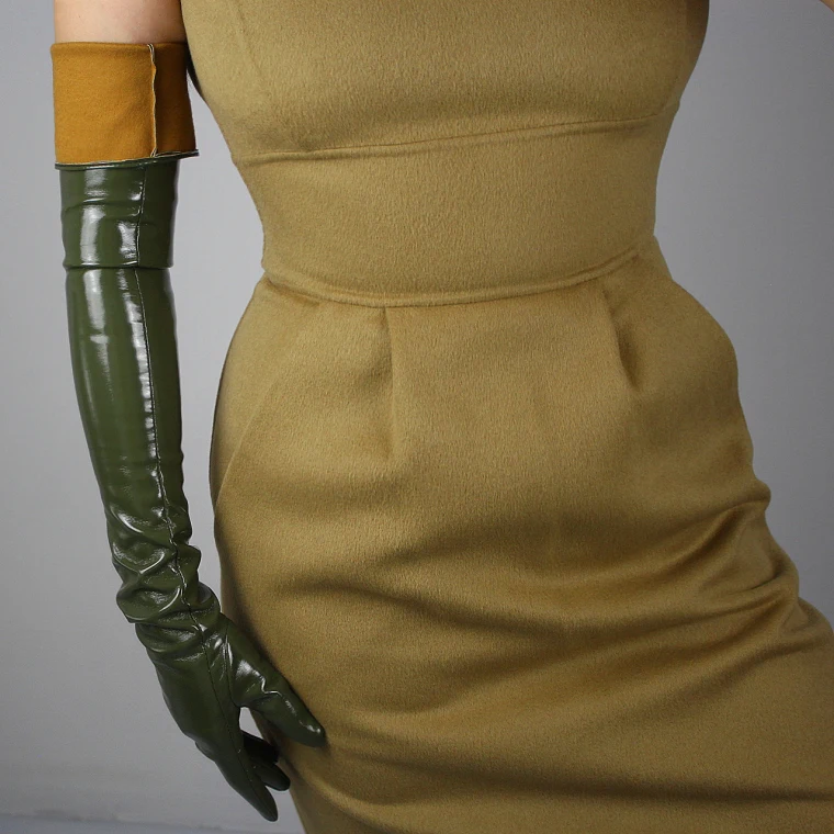 LATEX LONG GLOVES Shine Leather Faux Patent PU 28" 70cm Opera Olive Army Green LLDLLNT