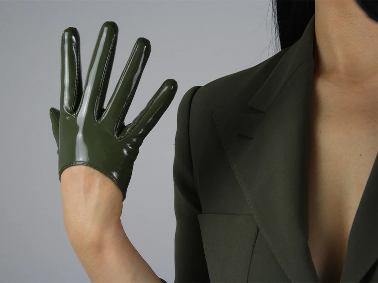 LATEX LONG GLOVES Shine Leather Faux Patent PU 28" 70cm Opera Olive Army Green LLDLLNT