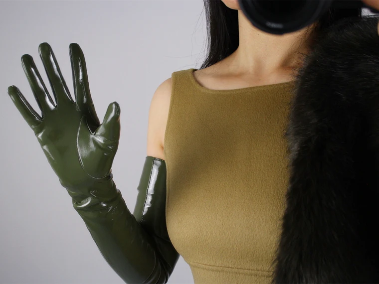 LATEX LONG GLOVES Shine Leather Faux Patent PU 28" 70cm Opera Olive Army Green LLDLLNT