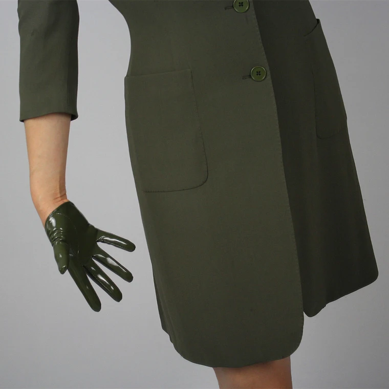 LATEX LONG GLOVES Shine Leather Faux Patent PU 28" 70cm Opera Olive Army Green LLDLLNT
