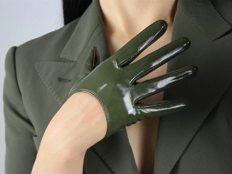 LATEX LONG GLOVES Shine Leather Faux Patent PU 28" 70cm Opera Olive Army Green LLDLLNT