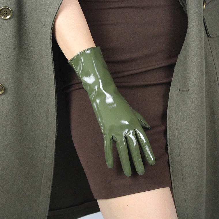 LATEX LONG GLOVES Shine Leather Faux Patent PU 28" 70cm Opera Olive Army Green LLDLLNT
