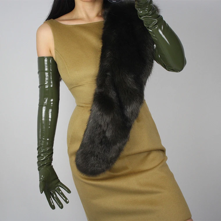 LATEX LONG GLOVES Shine Leather Faux Patent PU 28" 70cm Opera Olive Army Green LLDLLNT