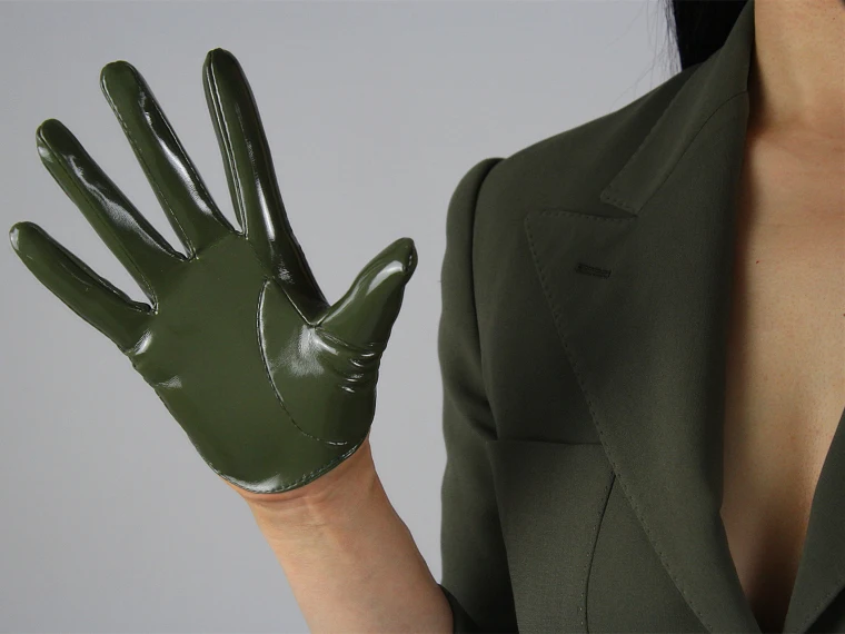 LATEX LONG GLOVES Shine Leather Faux Patent PU 28" 70cm Opera Olive Army Green LLDLLNT