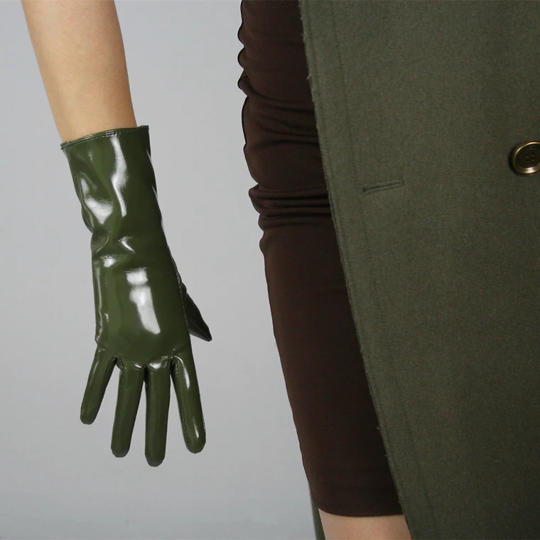 LATEX LONG GLOVES Shine Leather Faux Patent PU 28" 70cm Opera Olive Army Green LLDLLNT