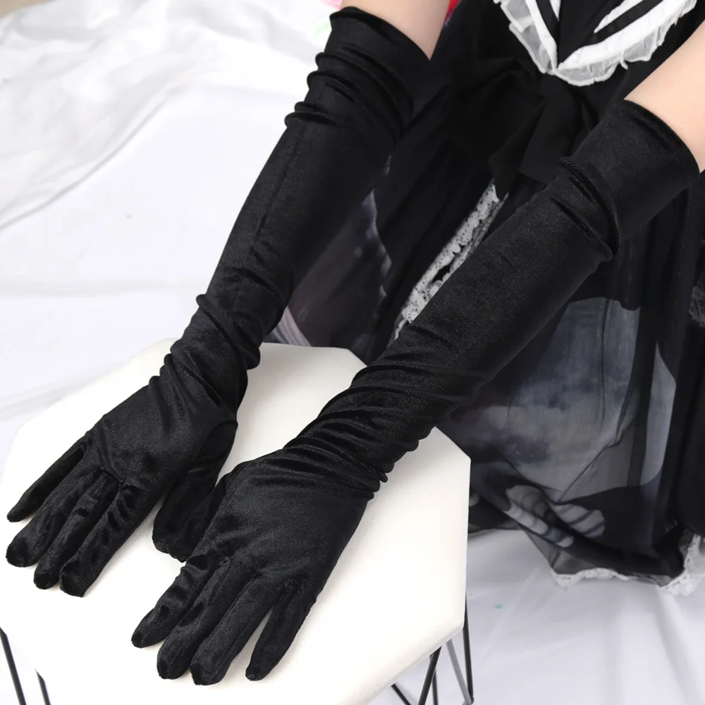 55cm Women Vintage Black Velvet Long Gloves Opera Over Elbow Arm Sleeve Full Finger Driving Evening Dress Etiquette Gloves