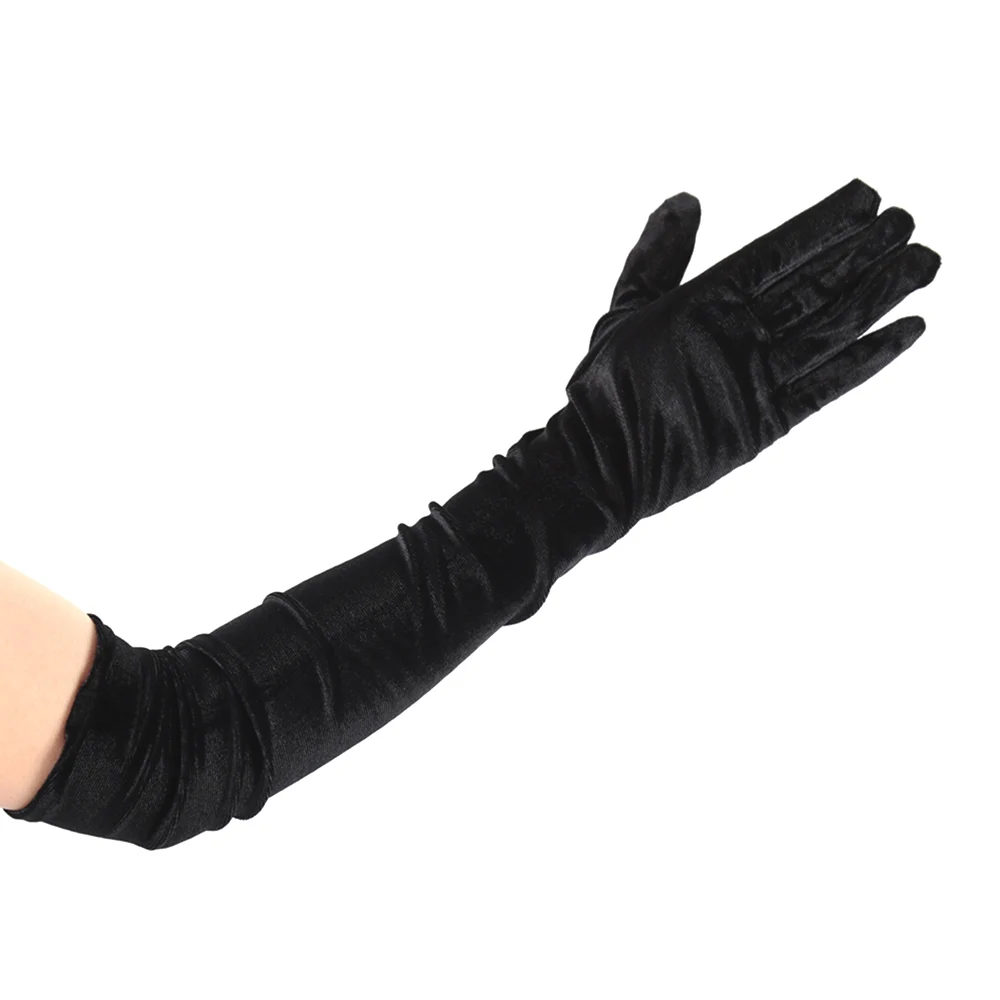 55cm Women Vintage Black Velvet Long Gloves Opera Over Elbow Arm Sleeve Full Finger Driving Evening Dress Etiquette Gloves