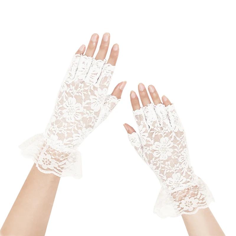Summer Women Lace Driving Sun Protection Finger Gloves Wedding Thin Elasticity Mesh Touchable Screen Half Finger Short Gloves