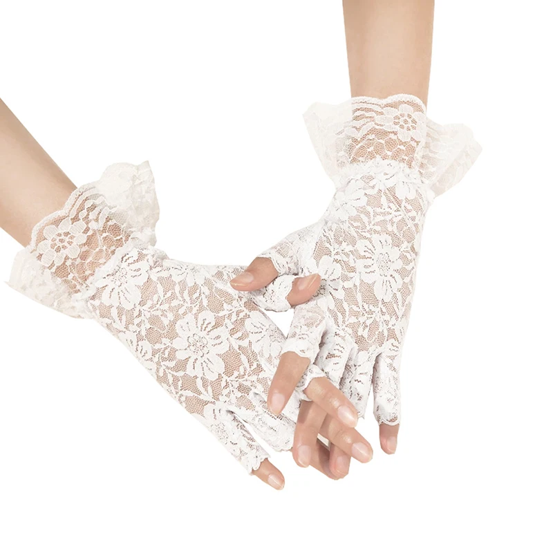 Summer Women Lace Driving Sun Protection Finger Gloves Wedding Thin Elasticity Mesh Touchable Screen Half Finger Short Gloves