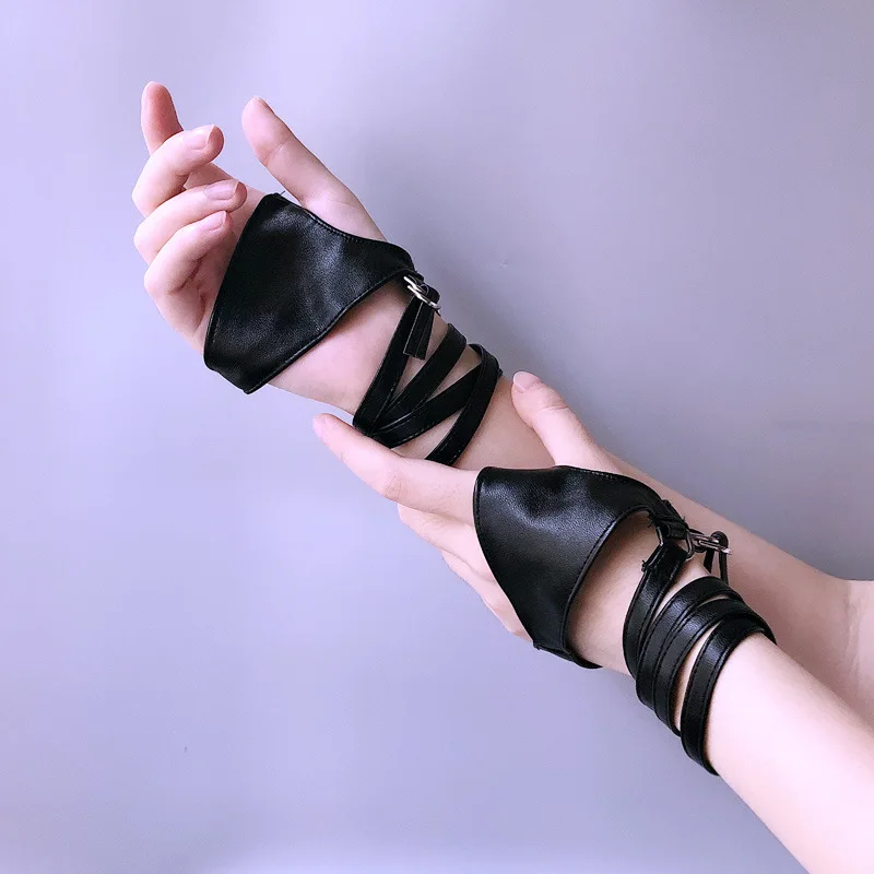 Black Sexy Bandage Lace Leather Women Half-Finger Fingerless Gloves Punk Style Nightclub Hip-Hop Pole Dancing Stage Performance