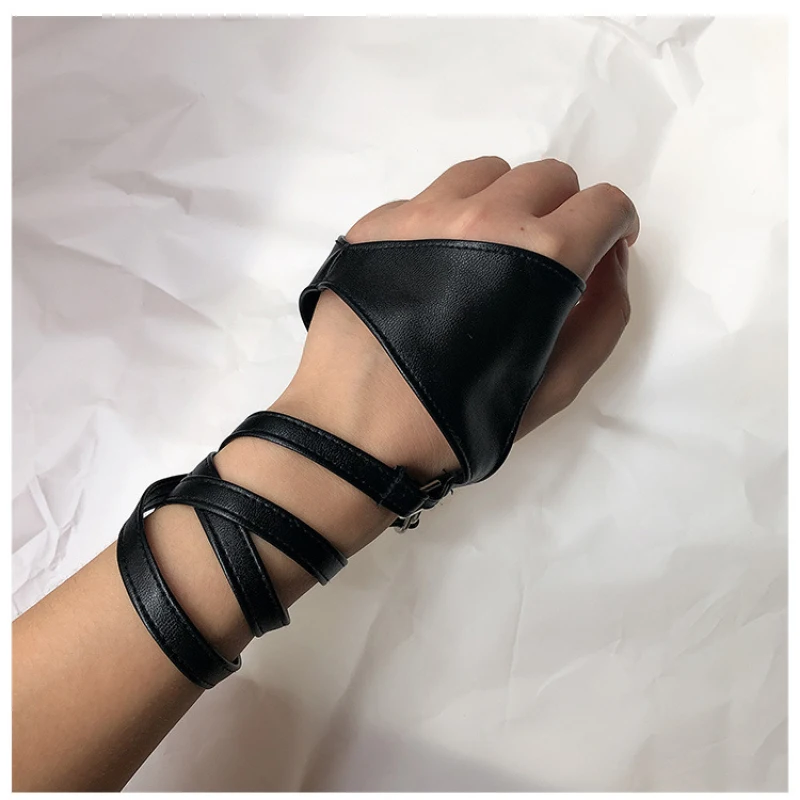 Black Sexy Bandage Lace Leather Women Half-Finger Fingerless Gloves Punk Style Nightclub Hip-Hop Pole Dancing Stage Performance
