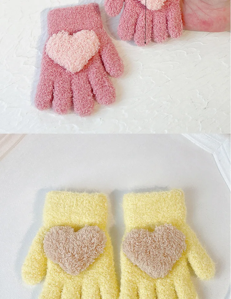 3-6 years old winter solid color children's love gloves, warm and cold resistant, all finger thick, boys' and girls' hand warmer