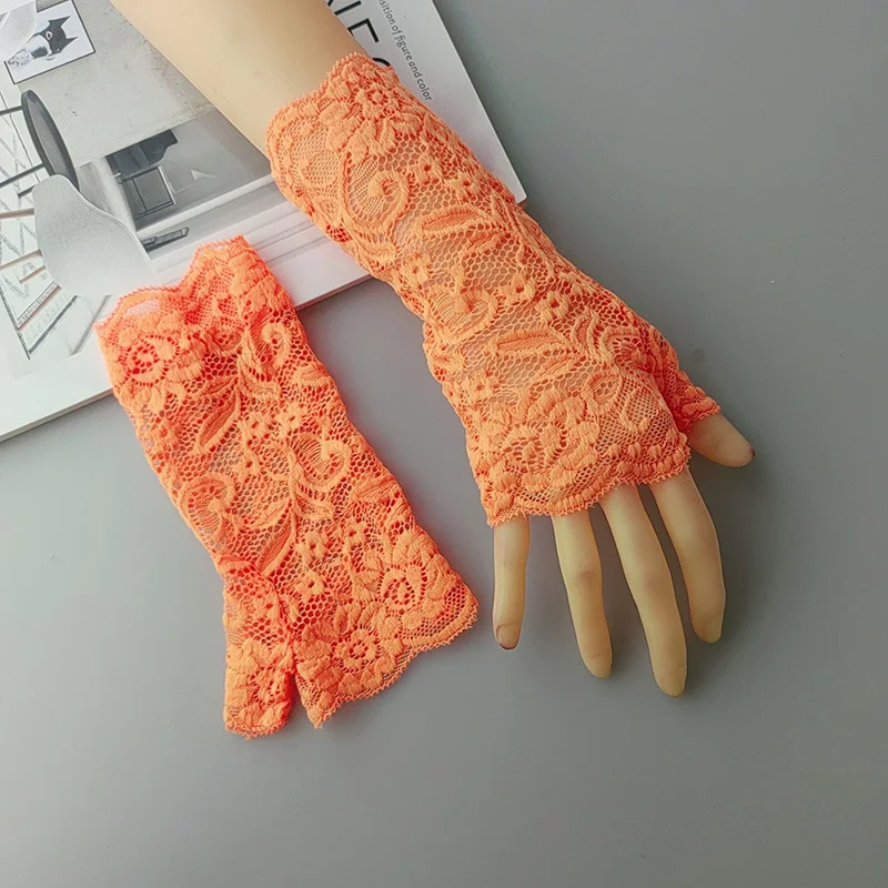 Sexy Fluorescence Party Dress Fingerless Sun Sleeve Glove Summer Women Cycling Hip Hop Punk Dance Mesh Lace Flower Mitten