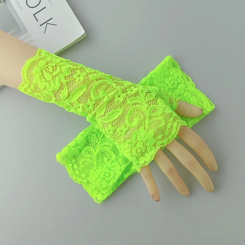 Sexy Fluorescence Party Dress Fingerless Sun Sleeve Glove Summer Women Cycling Hip Hop Punk Dance Mesh Lace Flower Mitten