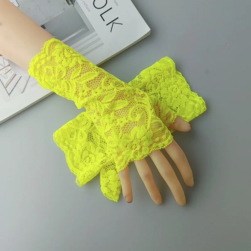 Sexy Fluorescence Party Dress Fingerless Sun Sleeve Glove Summer Women Cycling Hip Hop Punk Dance Mesh Lace Flower Mitten
