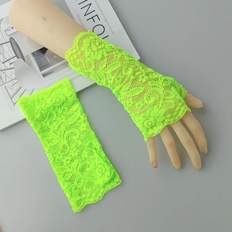 Sexy Fluorescence Party Dress Fingerless Sun Sleeve Glove Summer Women Cycling Hip Hop Punk Dance Mesh Lace Flower Mitten
