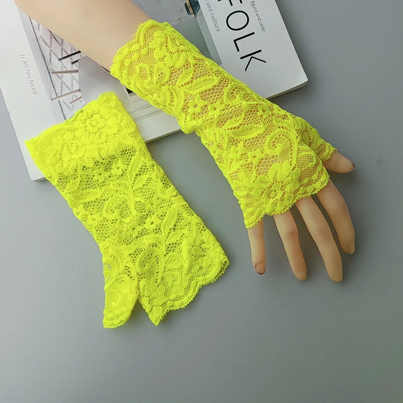 Sexy Fluorescence Party Dress Fingerless Sun Sleeve Glove Summer Women Cycling Hip Hop Punk Dance Mesh Lace Flower Mitten