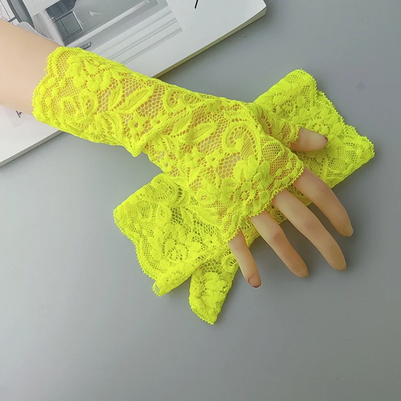 Sexy Fluorescence Party Dress Fingerless Sun Sleeve Glove Summer Women Cycling Hip Hop Punk Dance Mesh Lace Flower Mitten