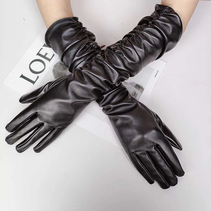 Winter Women PU Leather Pleated Pile Sleeve Touch Screen Gloves Sexy Silk Lining 50cm Long Full Finger Warm Driving Mitten K52