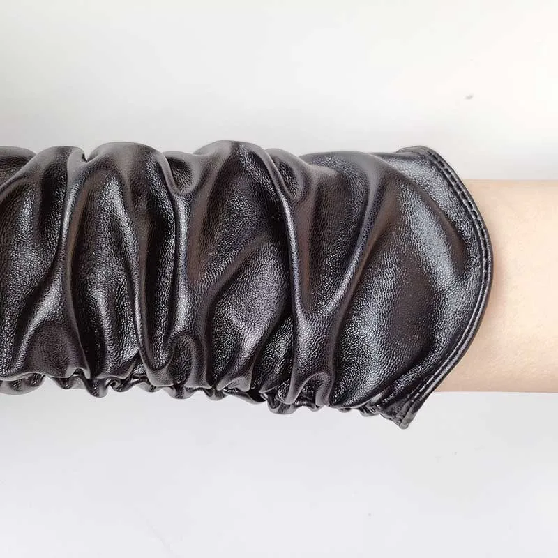 Winter Women PU Leather Pleated Pile Sleeve Touch Screen Gloves Sexy Silk Lining 50cm Long Full Finger Warm Driving Mitten K52