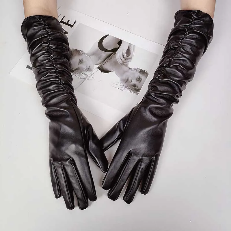 Winter Women PU Leather Pleated Pile Sleeve Touch Screen Gloves Sexy Silk Lining 50cm Long Full Finger Warm Driving Mitten K52