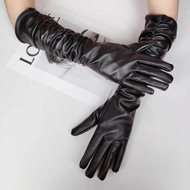 Winter Women PU Leather Pleated Pile Sleeve Touch Screen Gloves Sexy Silk Lining 50cm Long Full Finger Warm Driving Mitten K52